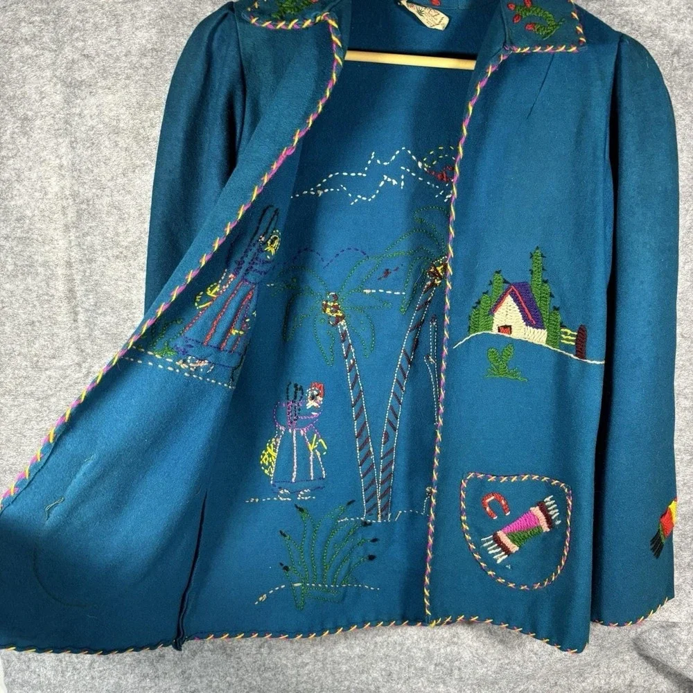 Vintage 1940s-1950s Lopez 100% Wool‎ Mexican Souvenir Jacket -Hand Embroidered